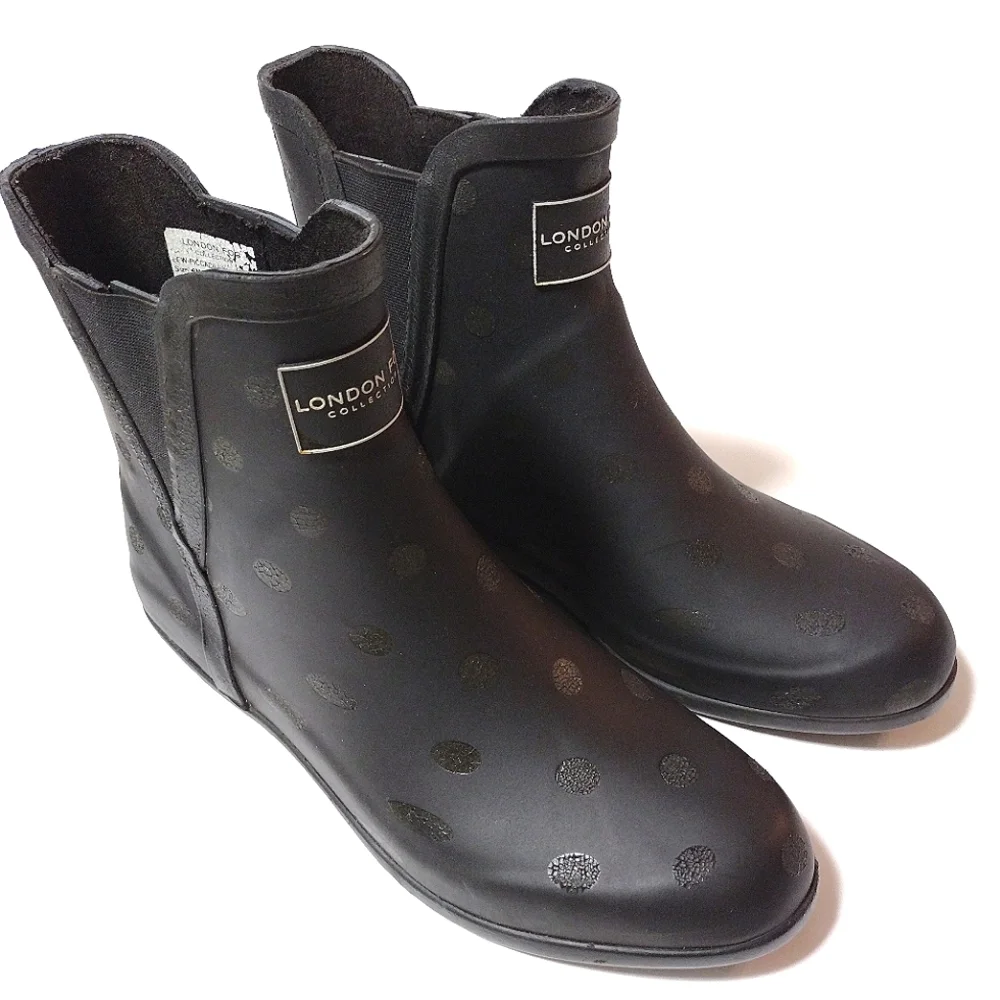 London Fog Women's Piccadilly Rain Ankle Pull On Waterproof Boots Black Dots